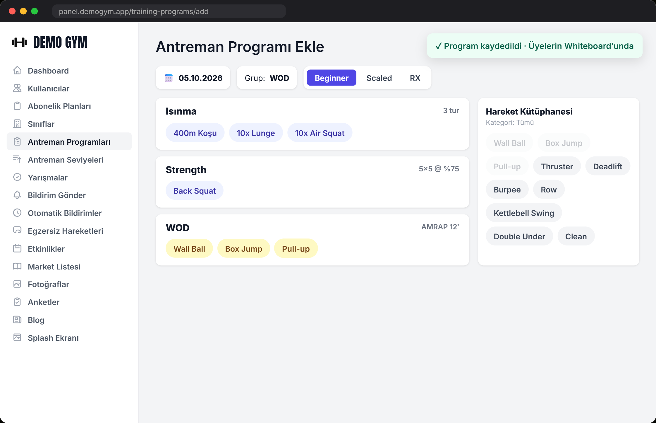 Panelde antrenman programı ekleme ekranı